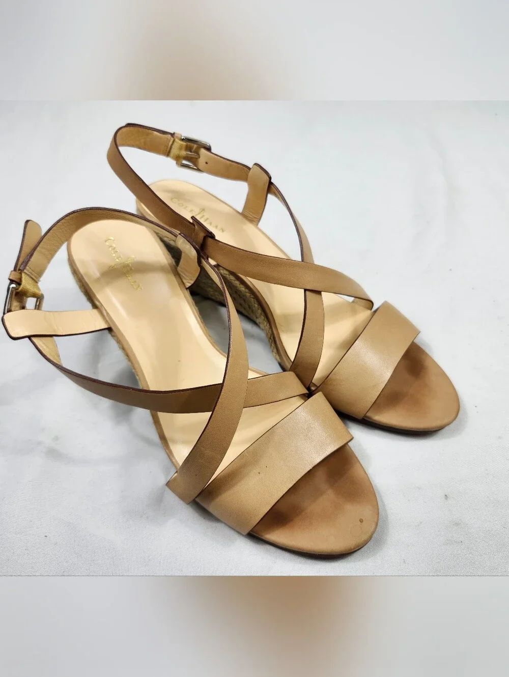 Cole Haan Womens 8.5 B Tan Leather Cross-Strap Wedge Yarn Sandals